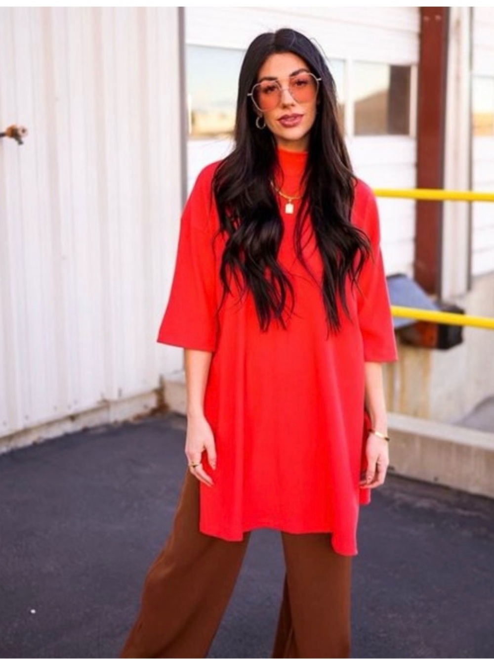 Dressed in LALA Vibrant Orange Ribbed Mock Neck Tunic